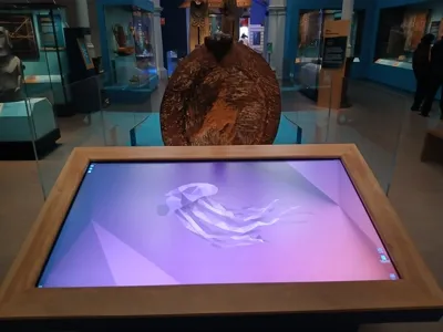 Un grand écran tactile dans un musée montrant un écran d'accueil Ubuntu
